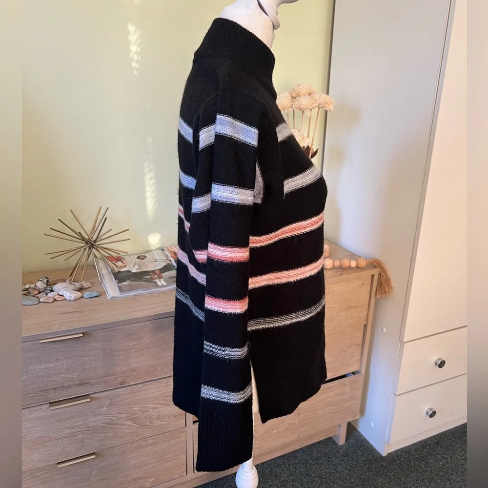 Colorful Stripe Knit Modest Long-Sleeve Mockneck Turtleneck Boxy Acrylic Sweater